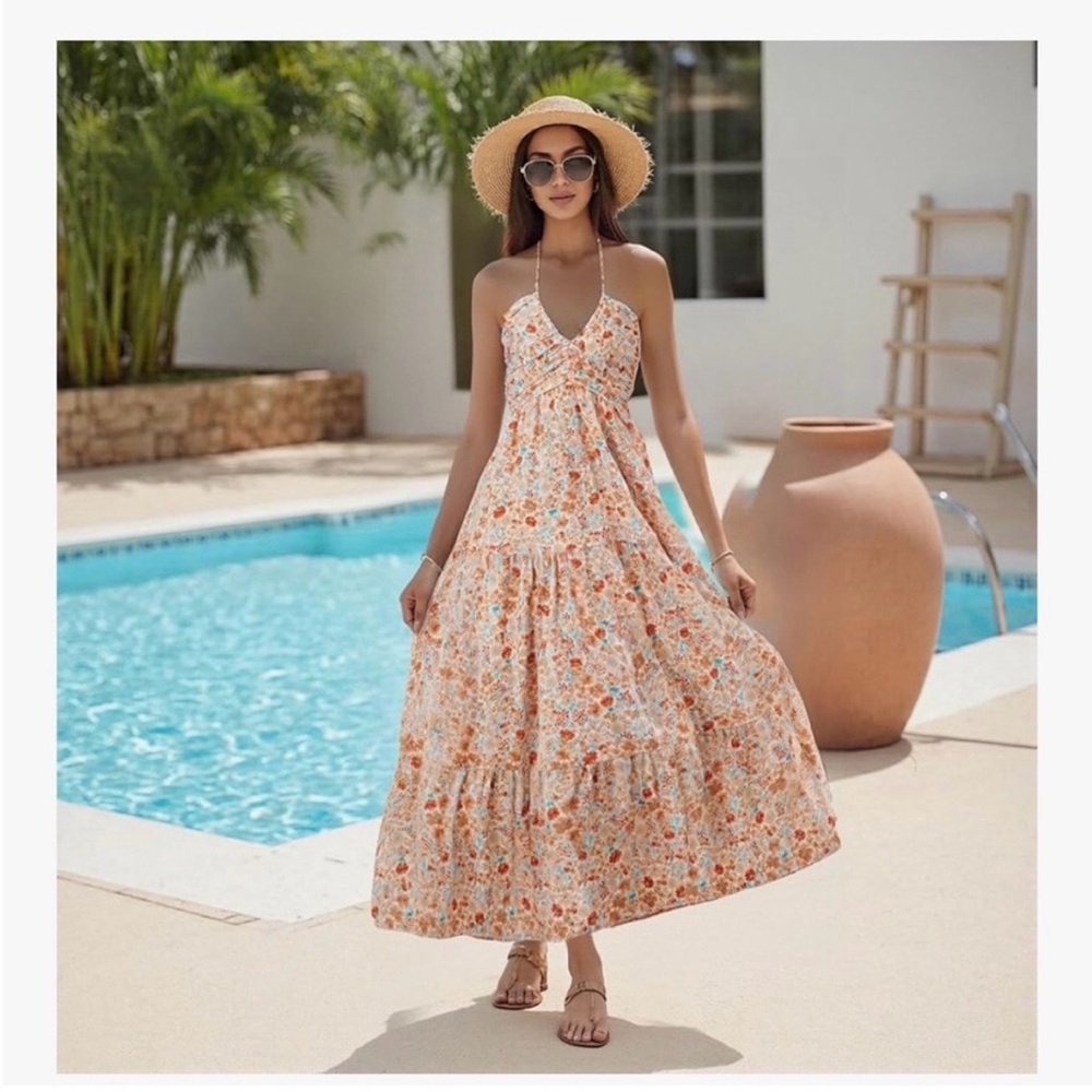 Floral Tiered Halter Summer Maxi Dress - White & Orange